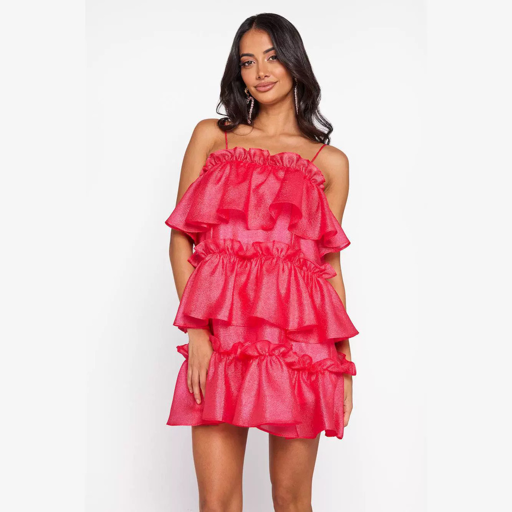 ZARA New Backless Strappy 3 Layer Ruffle Babydoll Dress Sexy Straight Neckline